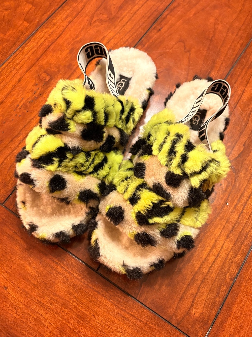 UGG Neon Yellow Leopard Faux Fur Slide Sandals